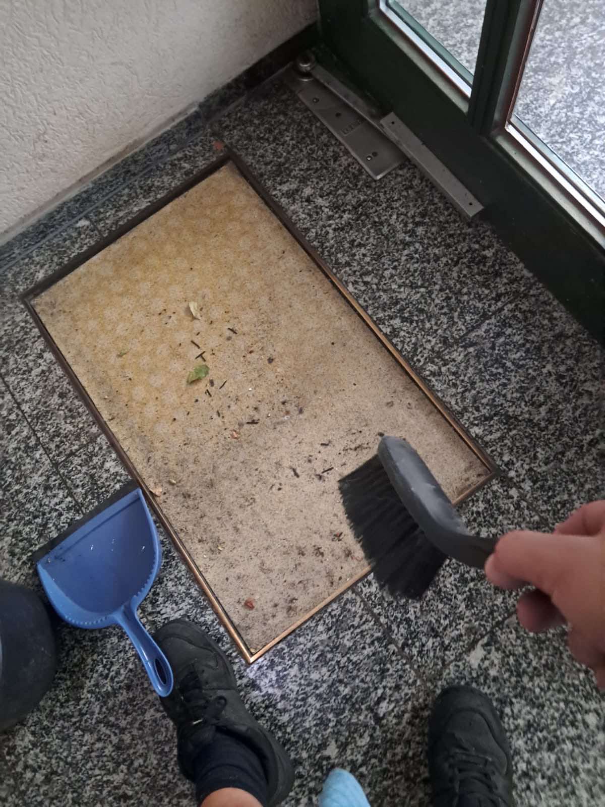Reinigung der Schmutzfangmatte im Eingangsbereich mit Handfeger
