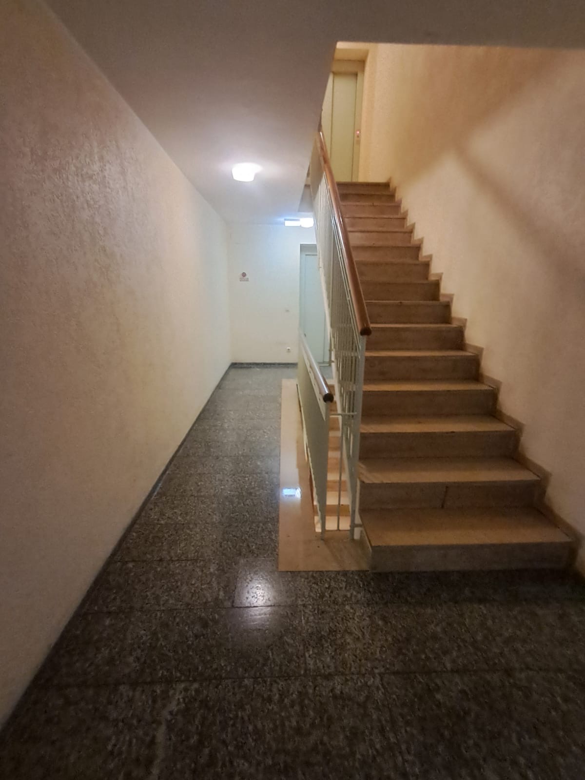 Gereinigtes Treppenhaus mit Terrazzoboden und Aufzugzugang