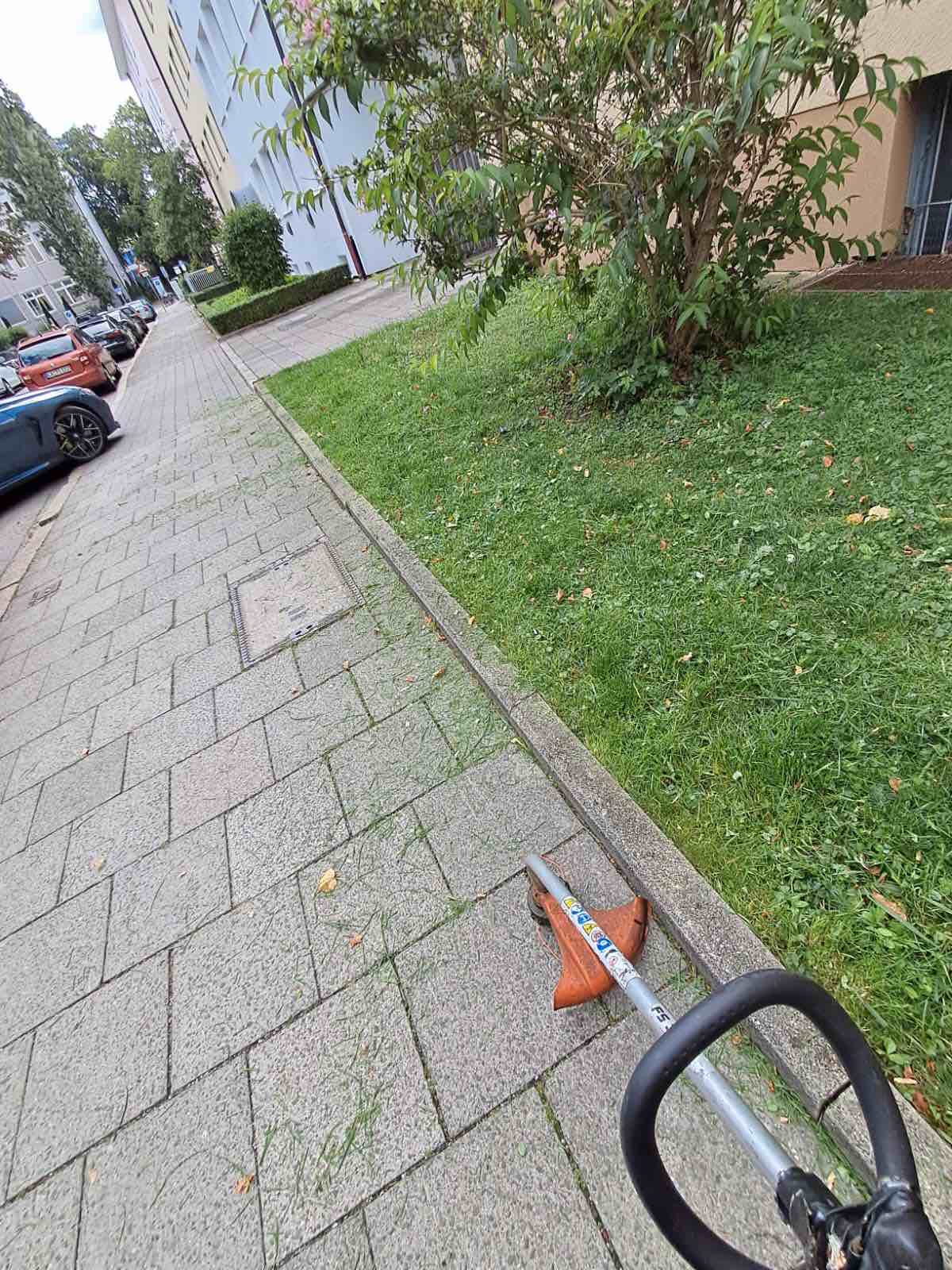 Rasenkante am Gehweg wird mit dem Freischneider nachgearbeitet