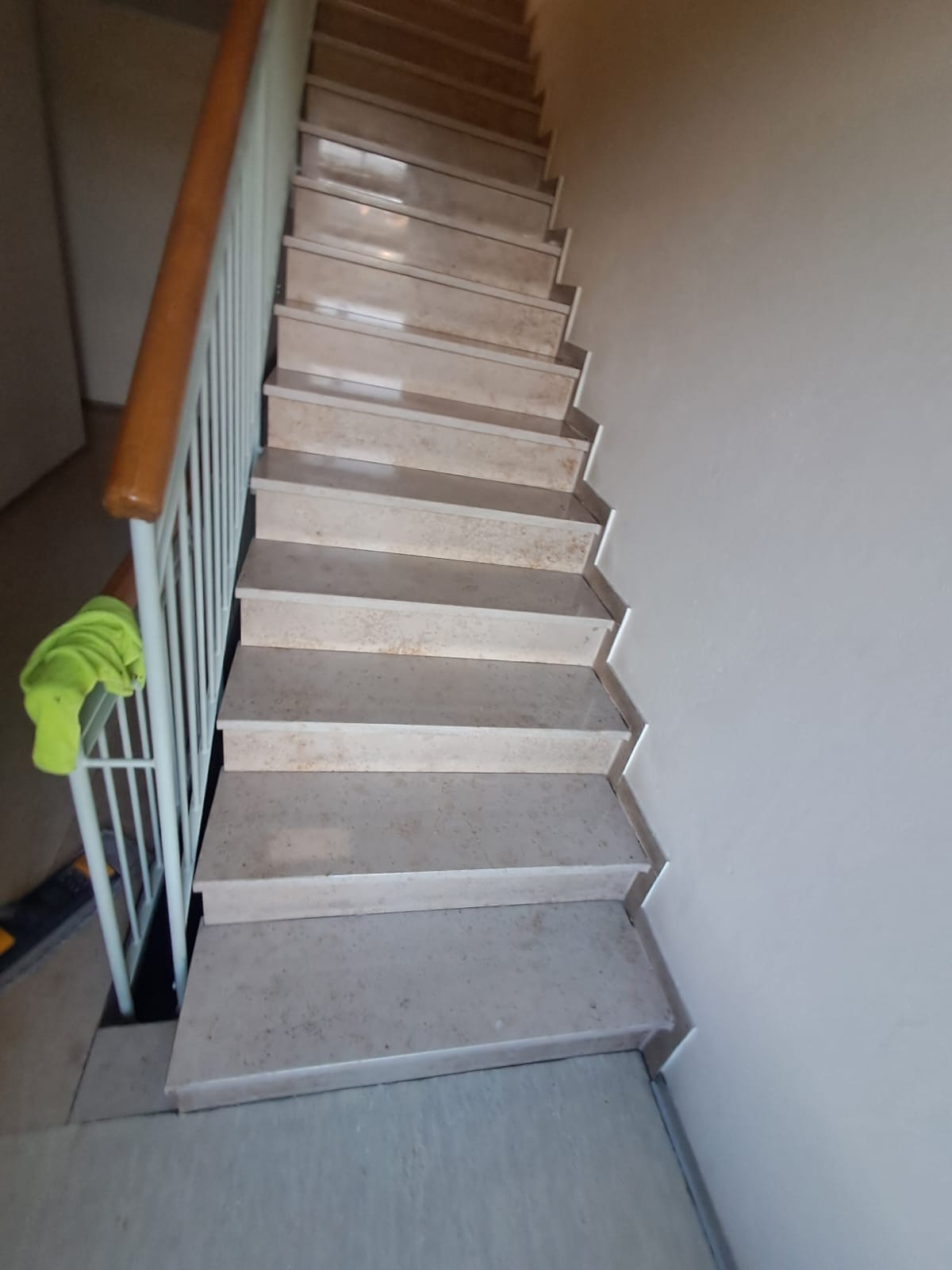 Frisch gereinigte Treppe mit Handlauf und Reinigungstuch